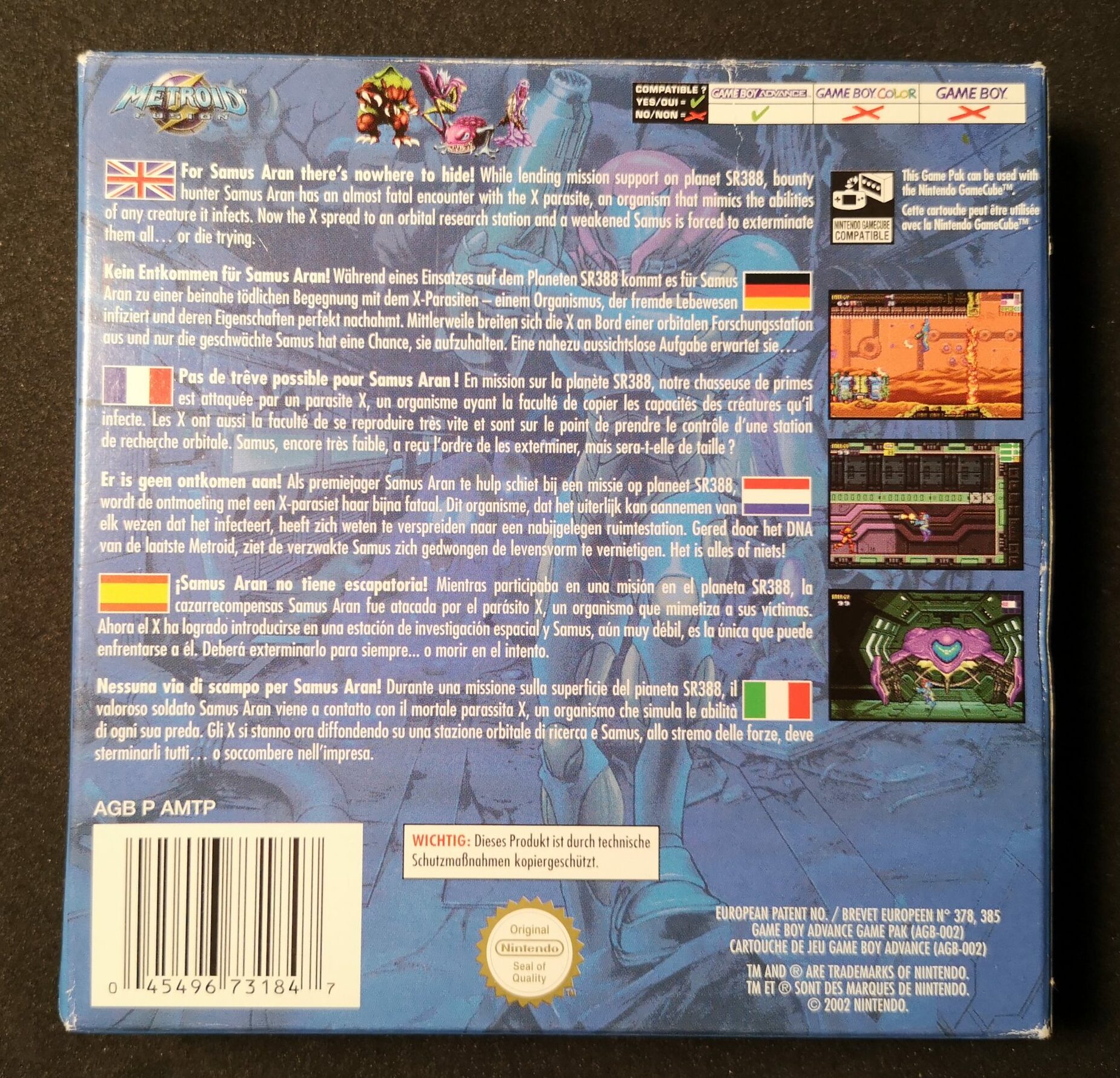 Metroid Fusion, retro della confezione