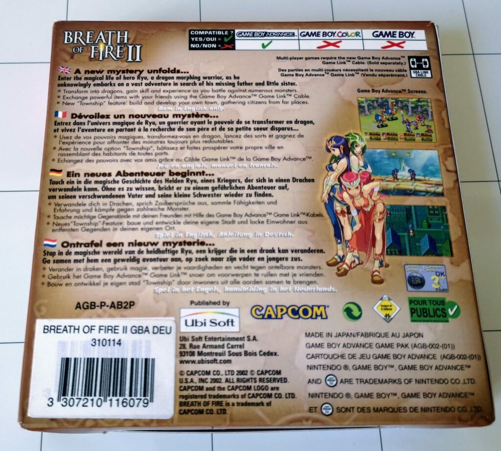 Breath of Fire II (Nintendo GameBoy Advance, Ubisoft 2002), colori copertina retro