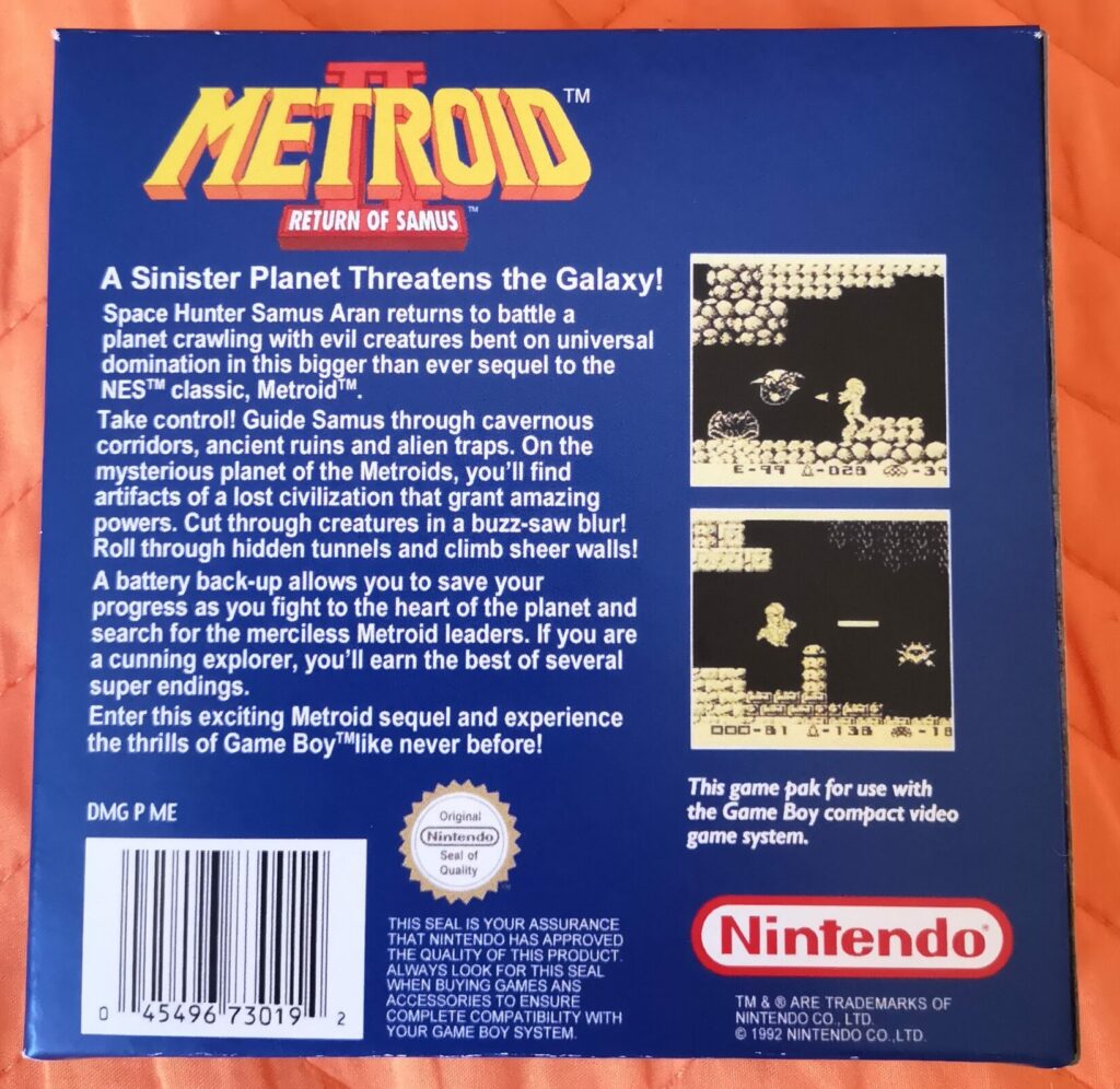 Metroid II: Return of Samus (1992 Nintendo Game Boy), dettaglio colori copertina posteriore